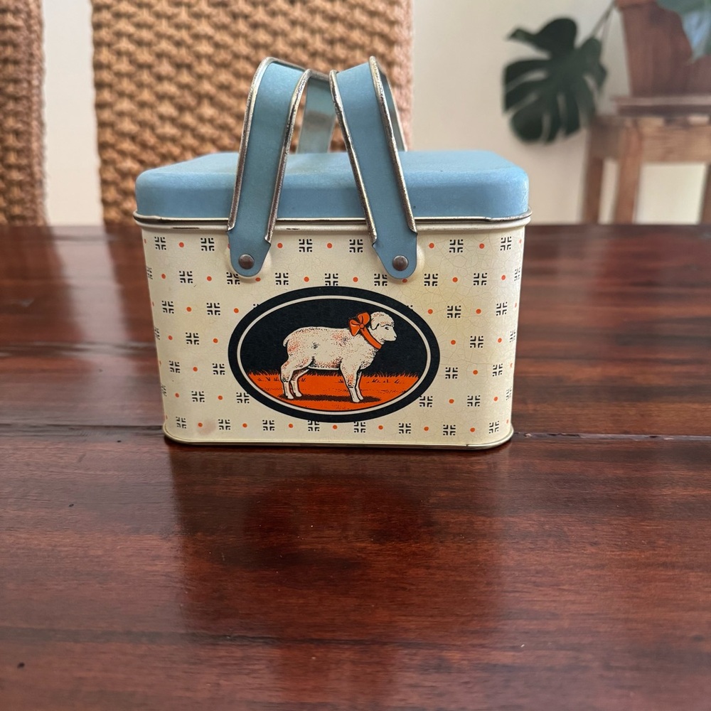 Vintage Bristol Ware Tin Box with Lid and Handles Sheep Blue Cream Storage